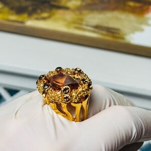 Gold-Tone Amber Crystal Cocktail Ring. Vintage, custom made. Size 7.5